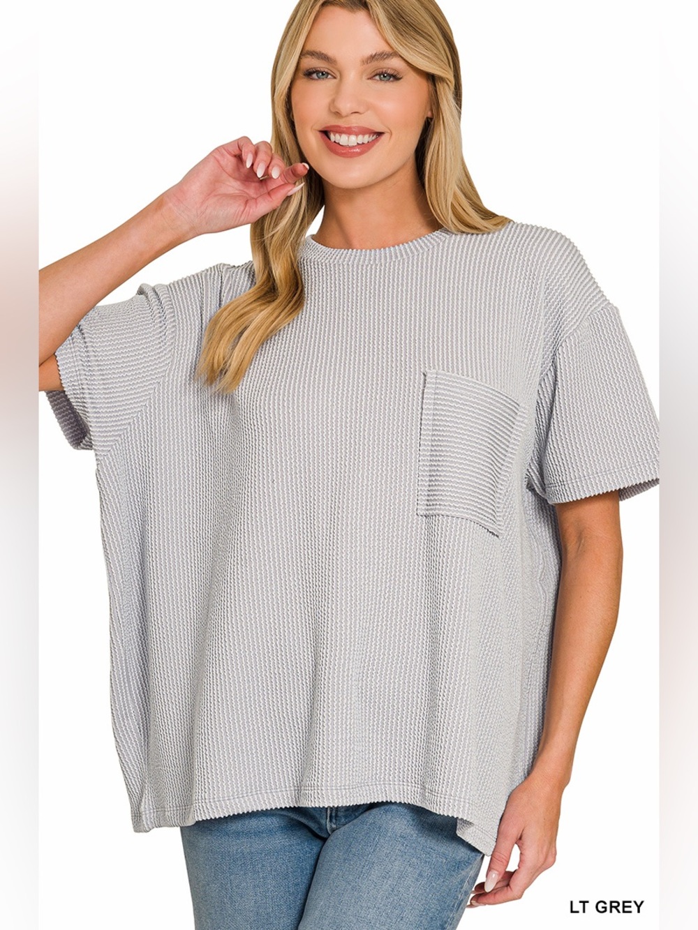 Zenana- RAISED RIB SHORT SLEEVE- grey